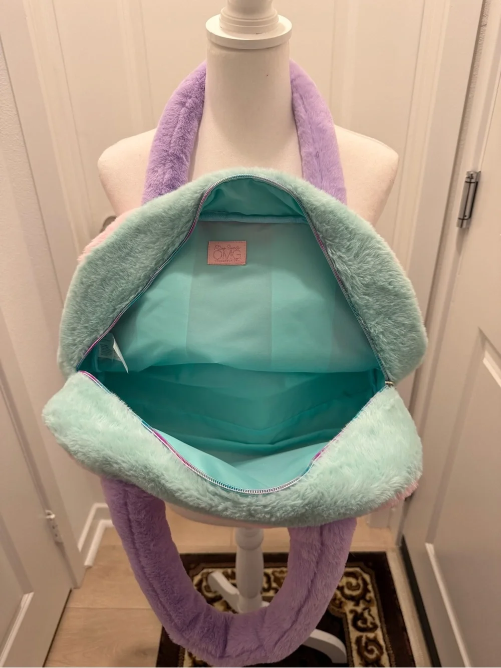 Justice Dance Faux Fur Duffel Bag Pastel Pink Blue Purple Glitter Kids Tote